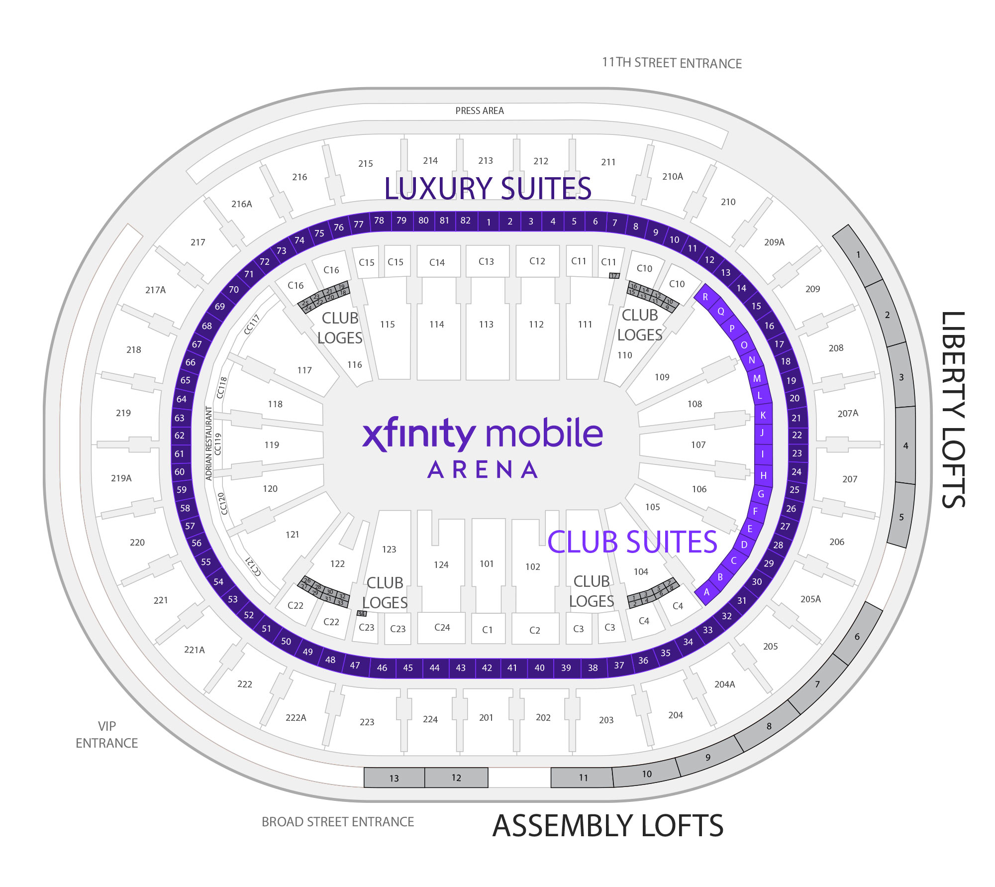 Xfinity Mobile Arena /  Suite Map and Seating Chart